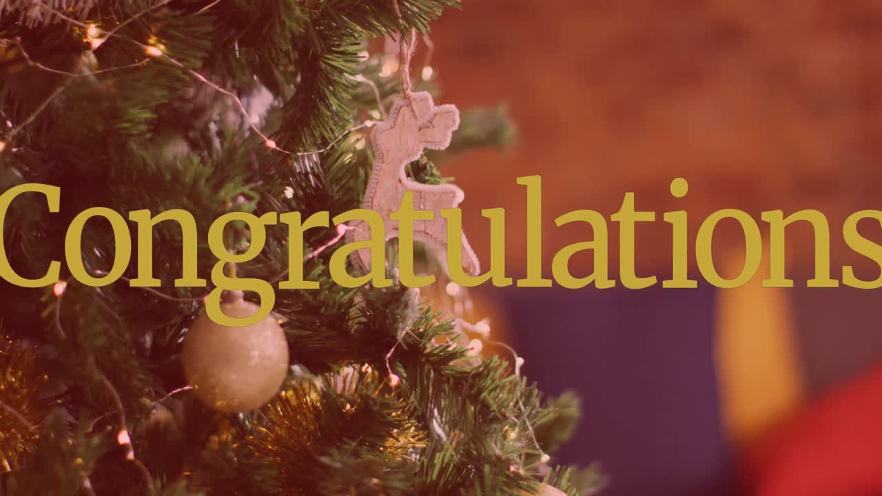 Animation of congratulations text over christmas tree with decorations
