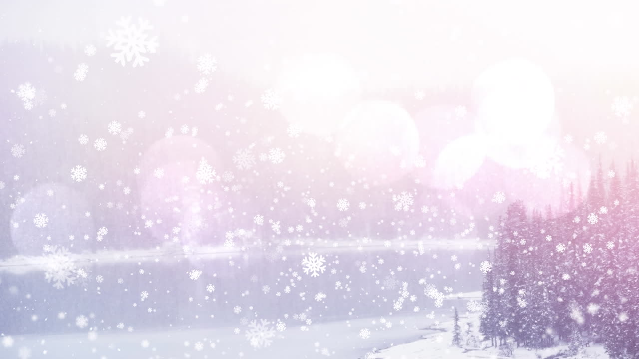 나무와 함께 겨울 풍경 위에 눈이 떨어지고 스포트 라이트 애니메이션