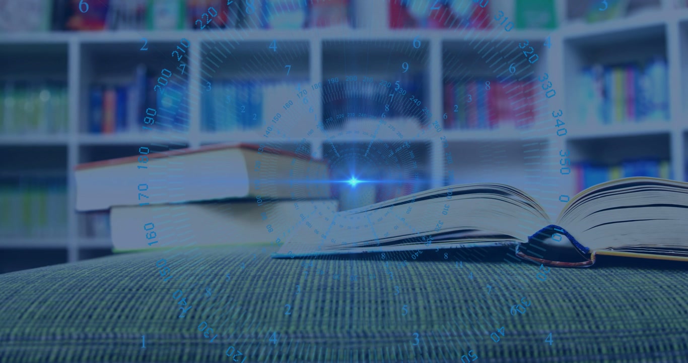 Blue HUD pulsing, right book opening, pages fanning on green cushion in library, revealing shelving