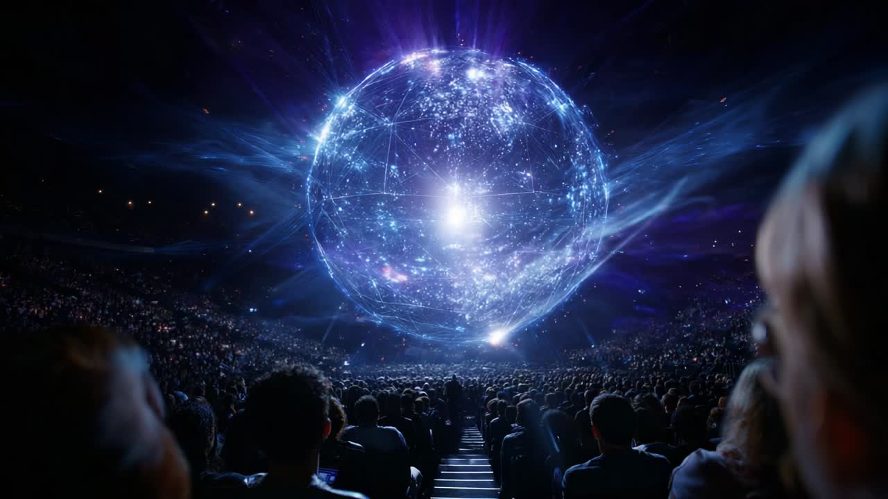 An Enthralling Spectacle of a Stunning Cosmic Sphere Surrounded by Captivated Audience in a Darkened Venue - An Immersive Experience with Radiant Light Effects and Dynamic Visuals Enveloping the Entire Scene