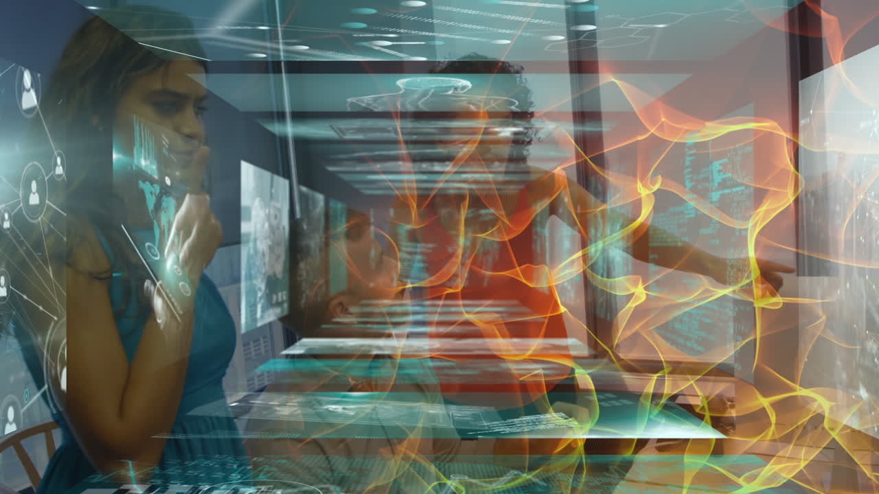 animación del procesamiento de datos financieros y senderos de luz sobre diversas personas de negocios en la oficina