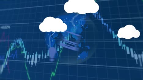 animación de nubes con iconos de medios y procesamiento de datos con globo sobre fondo azul