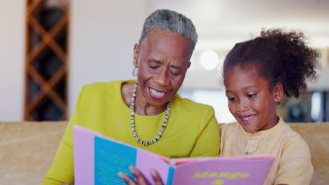 Grandmother,-child-and-reading-books-on-sofa