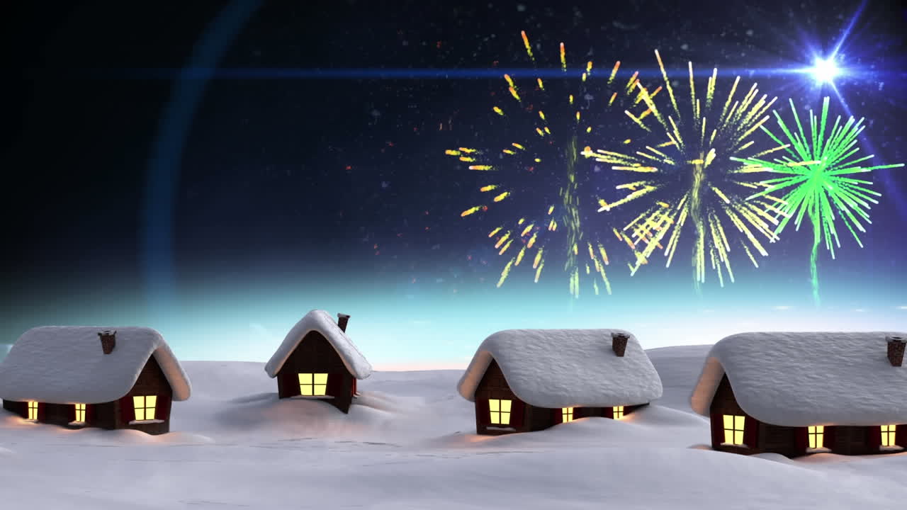 Digital animation af flere sneklædte huse på et vinterlandskab mod fyrværkeri, der eksploderer.