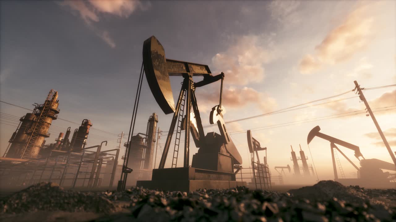 la bomba de aceite está funcionando al atardecer.