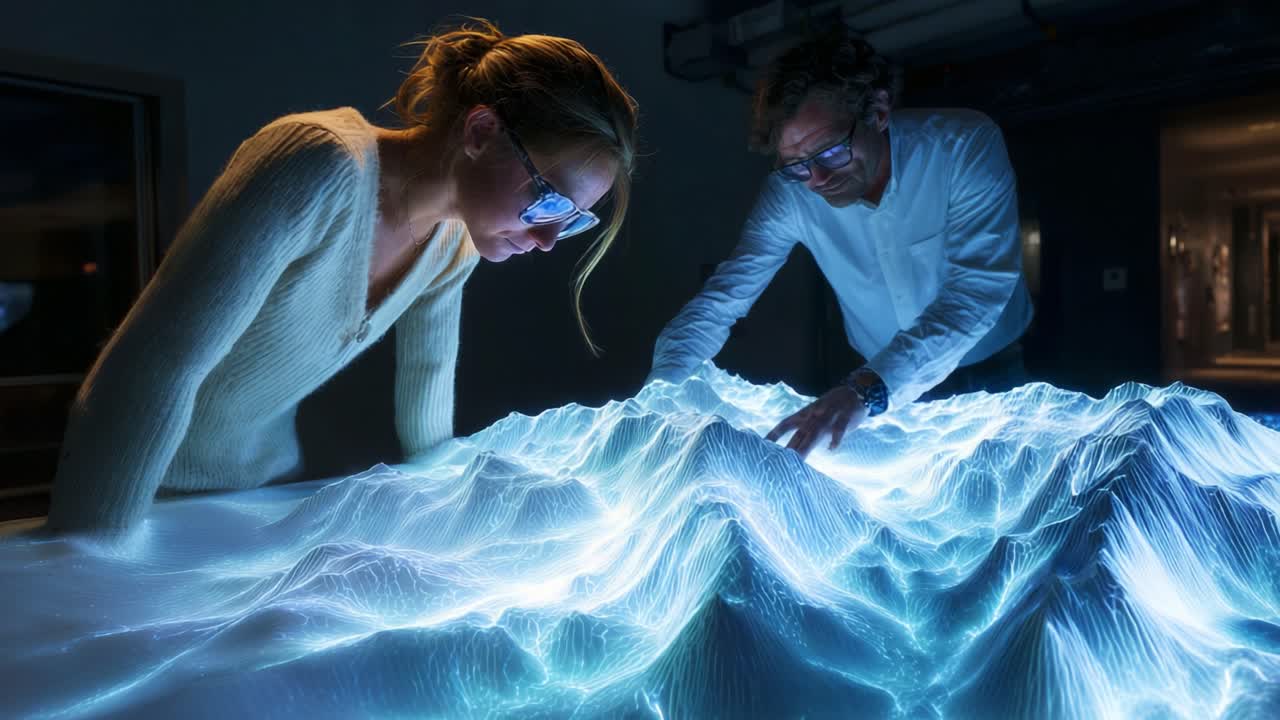 Two people explore a stunning interactive visual display of illuminated mountain terrain, showcasing the intersection of technology and creativity in an immersive experience