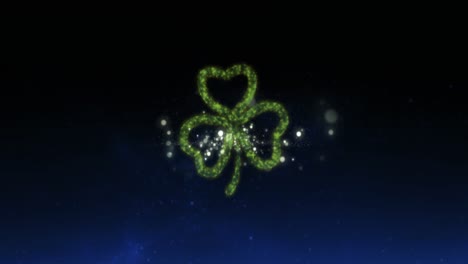 Animation-of-green-fireworks-exploding-with-glowing-green-shamrock-leaf-on-sky