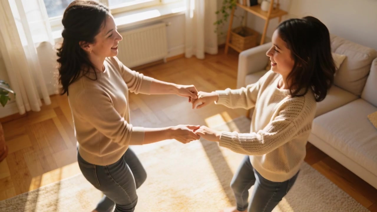 Grasping hands, mom-daughter spinning on light rug near window, mom guiding for bonding in jeans
