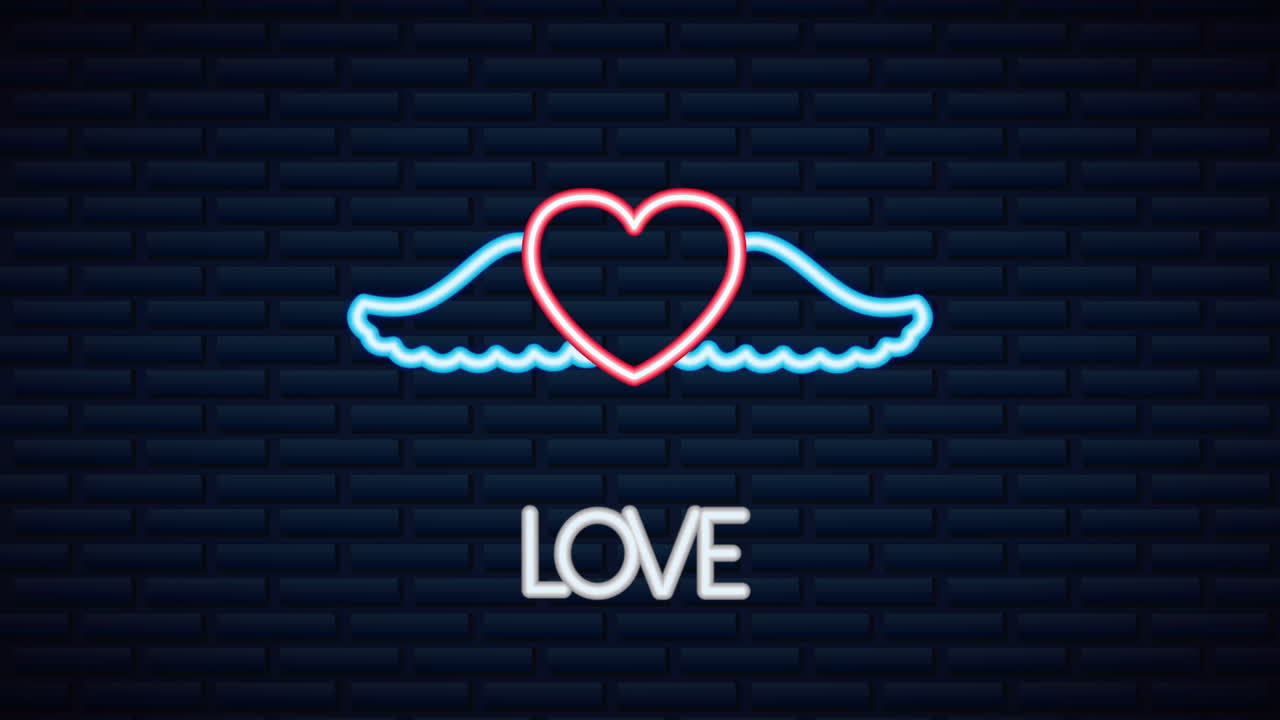 발렌타인 데이 네온 라벨은 심장이 날아다니는 애니메이션입니다.