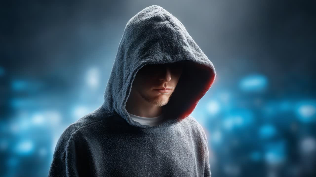 Mysterious figure in a hooded sweatshirt stands shrouded in shadows, a striking contrast against a backdrop of blurred blue lights, evoking intrigue and suspense