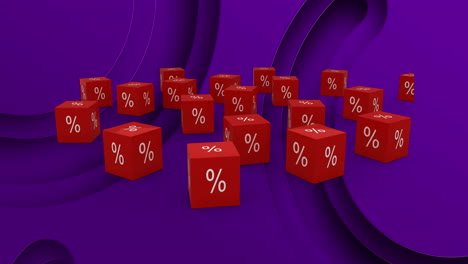 animación de signos de ventas de porcentaje en cubos rojos sobre fondo púrpura