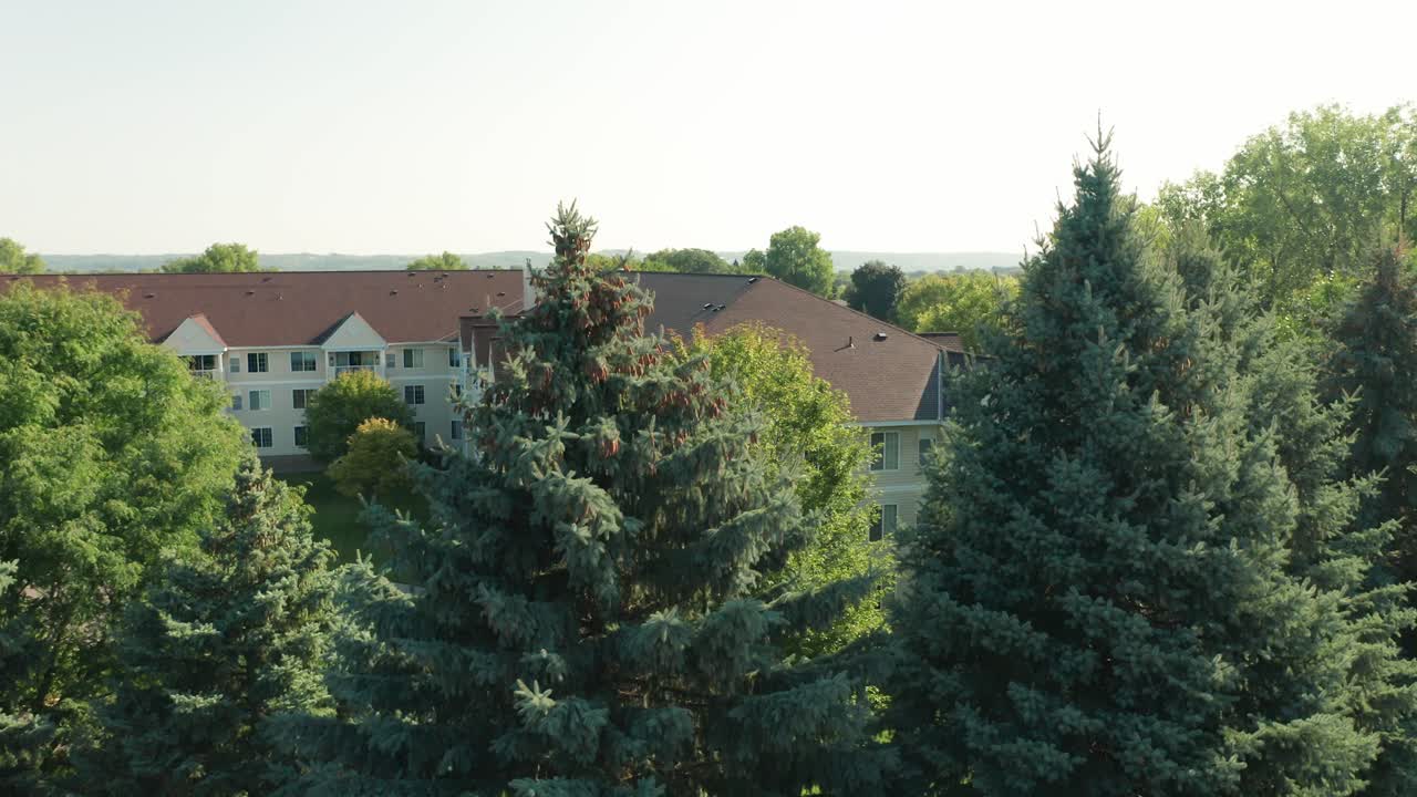Aerial, exterior building facade of a retirement home complex