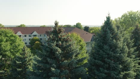 Aerial,-exterior-building-facade-of-a-retirement-home-complex