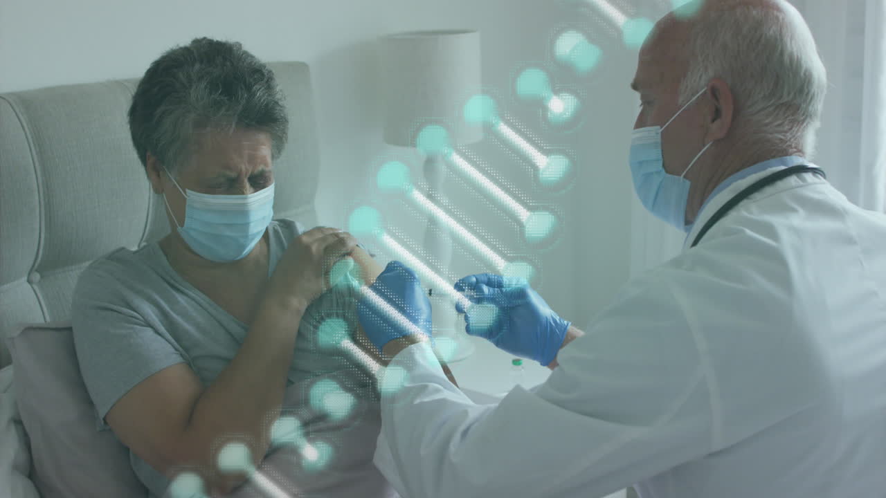 animación de una cadena de adn sobre una paciente afroamericana que recibe la vacuna del médico