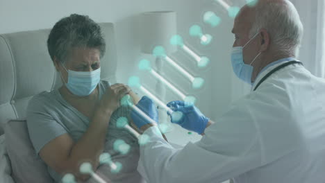 Animation-of-dna-strand-over-african-american-female-patient-getting-vaccine-from-doctor