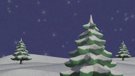 Animation-Von-Schneeflocken,-Die-über-Bäume-In-Einer-Winterlandschaft-Vor-Blauem-Hintergrund-Fallen