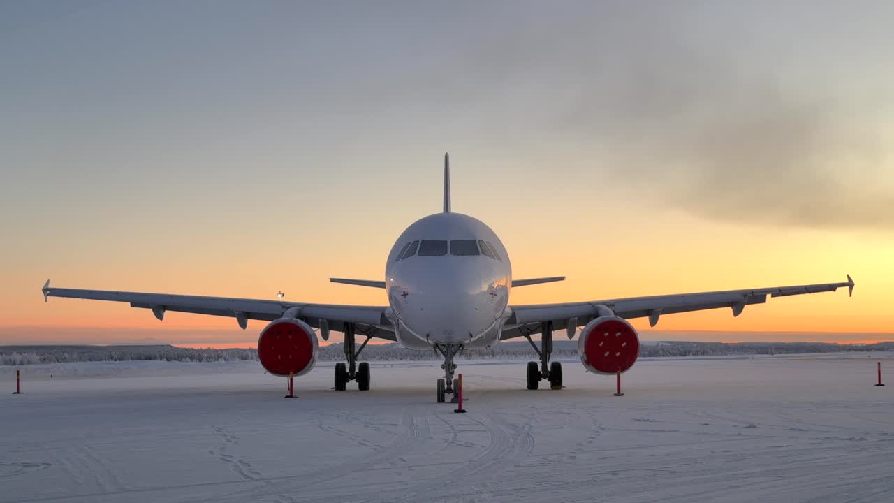 Vista frontale di un aereo Airbus A320 in un aeroporto artico invernale ghiacciato