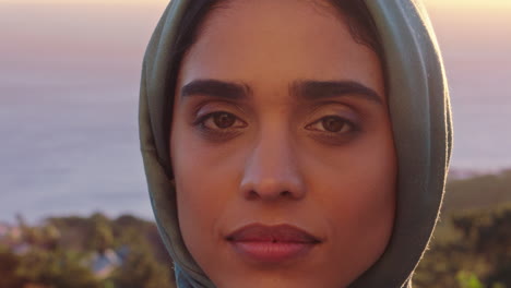 close up portrait attractive muslim woman looking confident exploring spirituality enjoying sunset wearing hijab headscarf