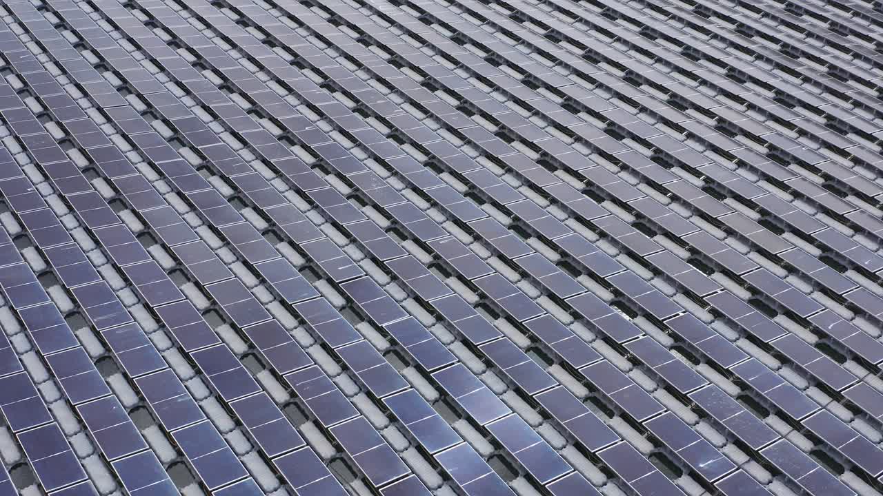 Aerial view of Floating solar panels in a small pond