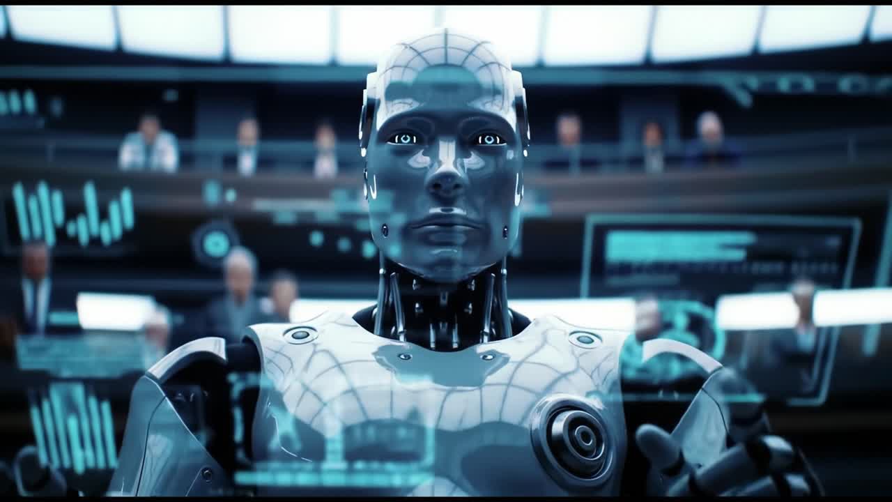 A Glimpse into the Future: A Sophisticated Robot Embodying Advanced Technology and Intelligence in a High-Tech Environment Observed by an Eager Audience