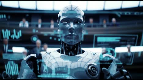 a glimpse into the future: a sophisticated robot embodying advanced technology and intelligence in a high-tech environment observed by an eager audience