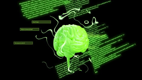 animación del cerebro de la ia y procesamiento de datos sobre fondo negro