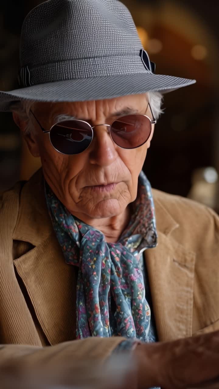 Hombre con sombrero, gafas de sol y bufanda, con expresión pensativa. Se sienta en una mesa, con los dedos apoyados suavemente en un teclado. Un fondo cálido y desenfocado sugiere un ambiente interior.