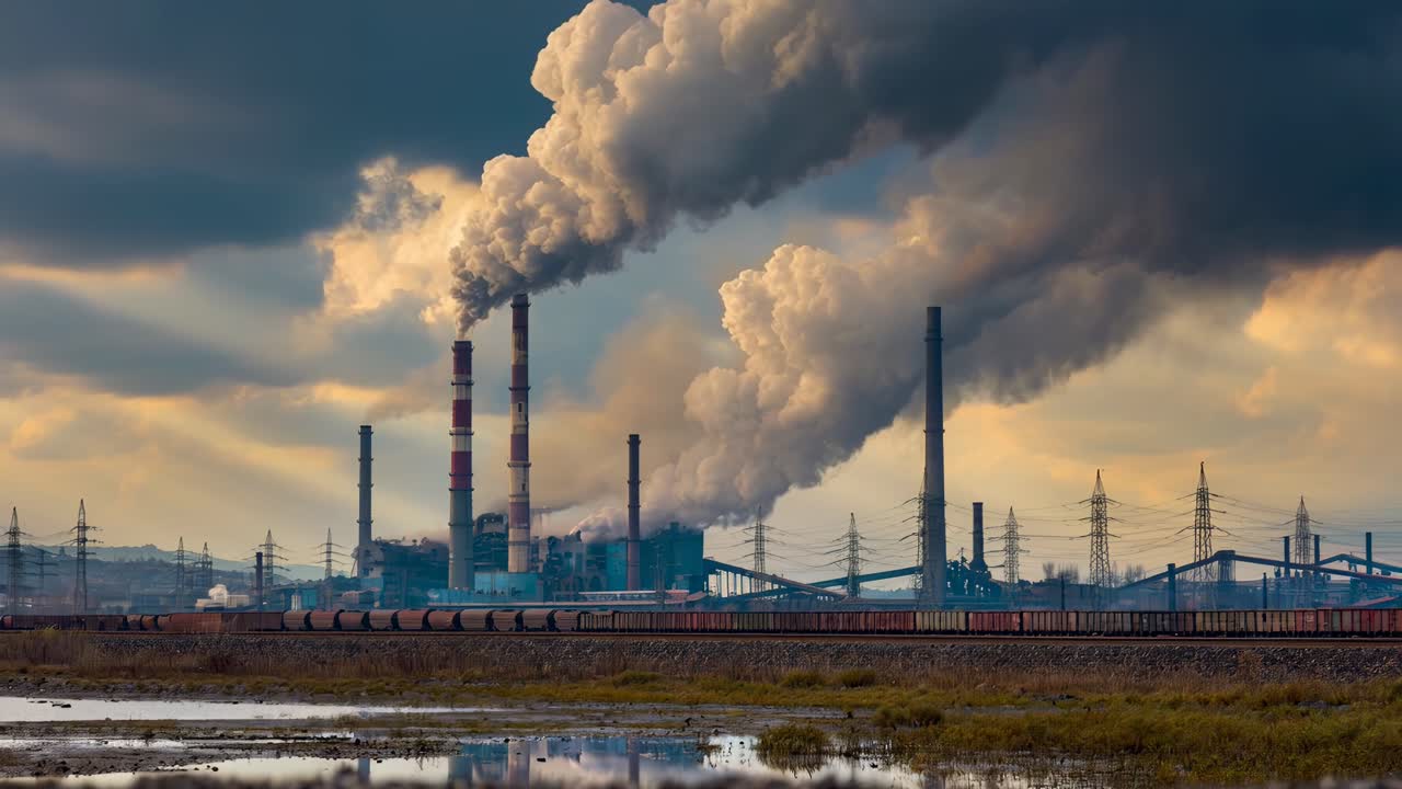 Video a grandangolo di un impianto industriale con ciminiere sotto un cielo drammatico