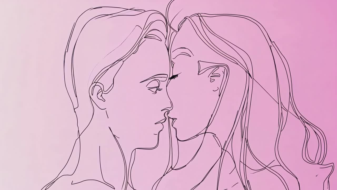 Minimalist line art of two faces in profile, set against a gradient background