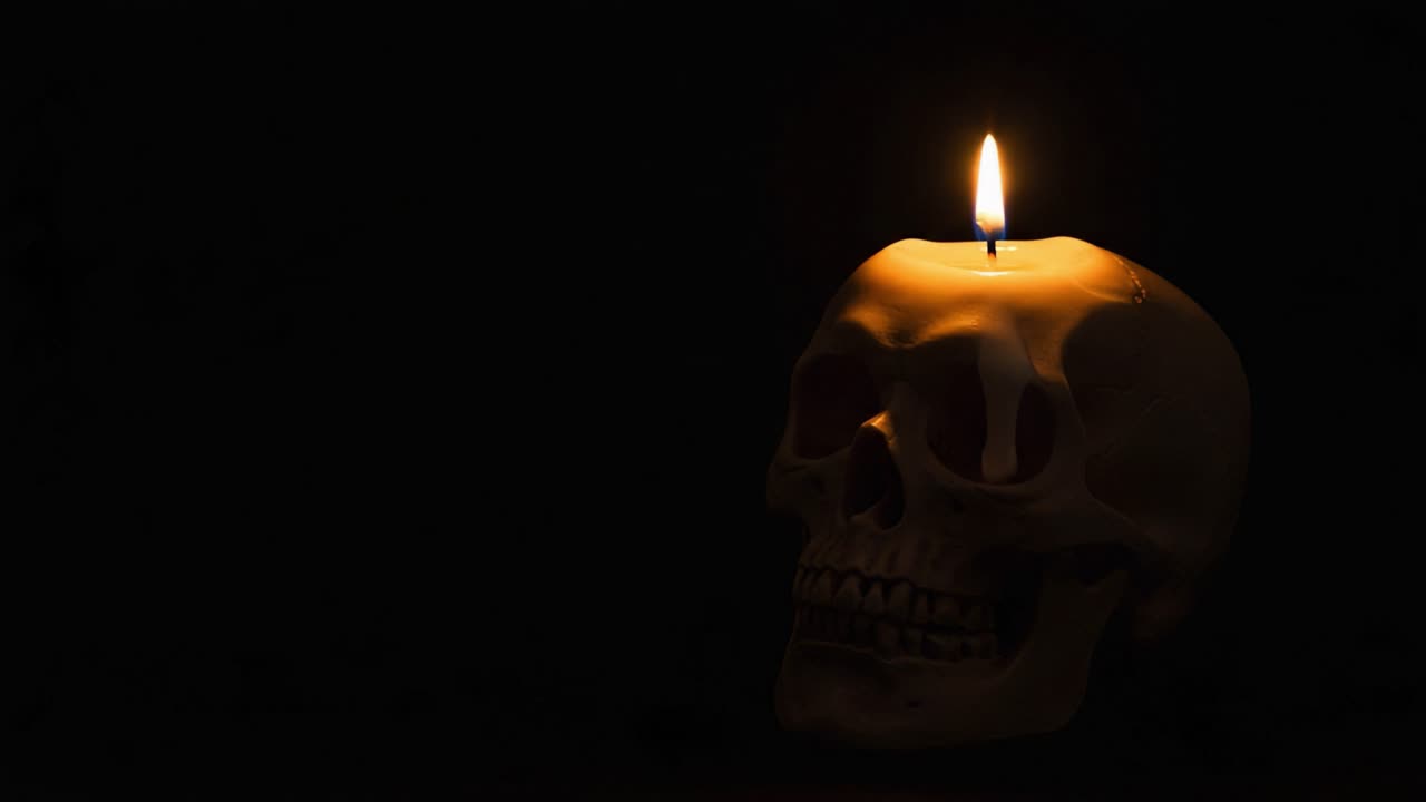 Teschio illuminato con cera di candela che cola: un'immagine suggestiva di ombre, luce e simbolismo, che cattura le complessità della mortalità e del ricordo