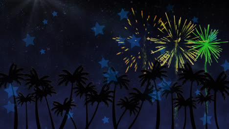 animation of colourful fireworks exploding over palm trees on new year's eve