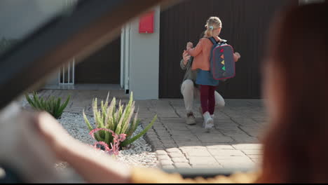 father, welcome kid and home with backpack