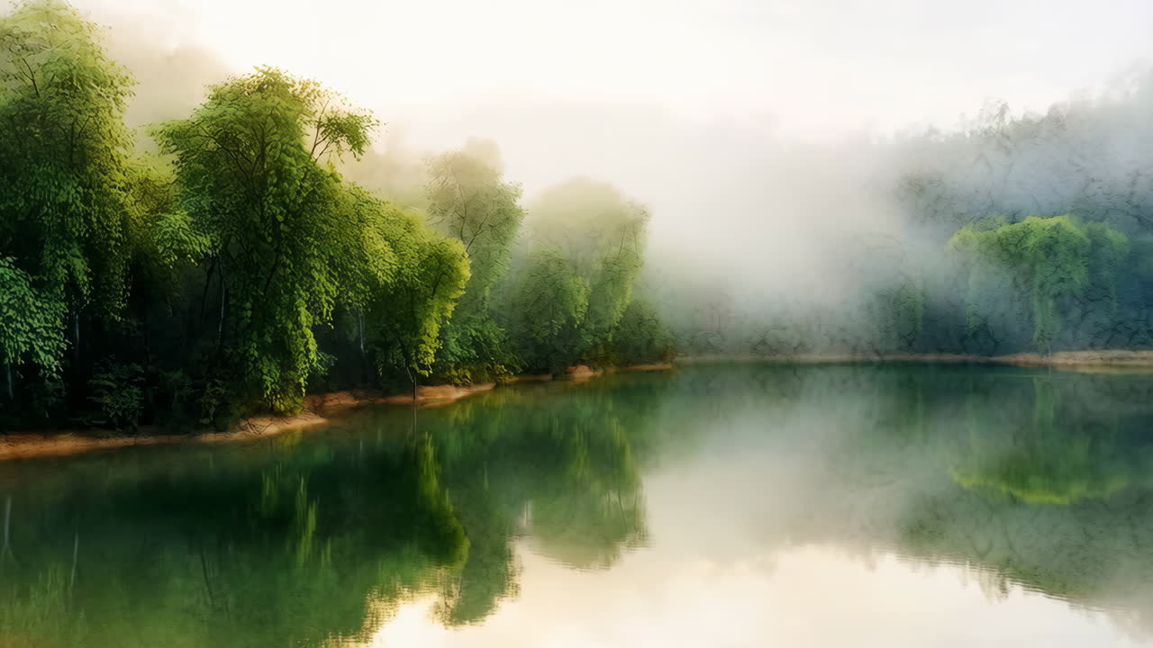 Misty Lake with Lush Green Trees and Reflections | Premium Stock Video ...