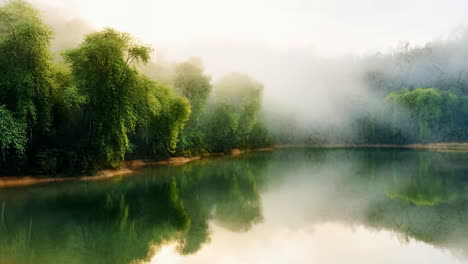 Misty Lake with Lush Green Trees and Reflections