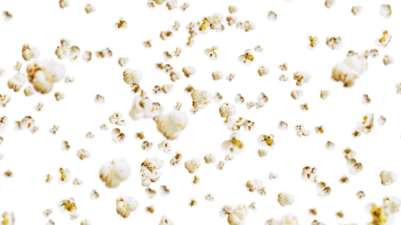 색 배경에 많은 팝콘을 날리는 색 소금 팝콘 건강한 음식 옥수수 씨 팝콘 회전의 3d 루프 애니메이션