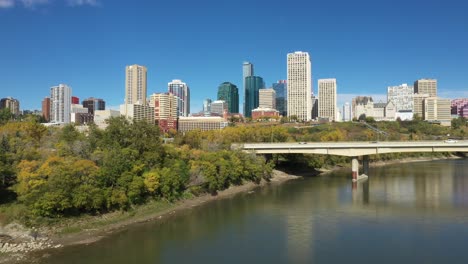 daytime aerial drone view of downtown edmonton and the north saskatchewan river during autumn fall taken from rossdale area