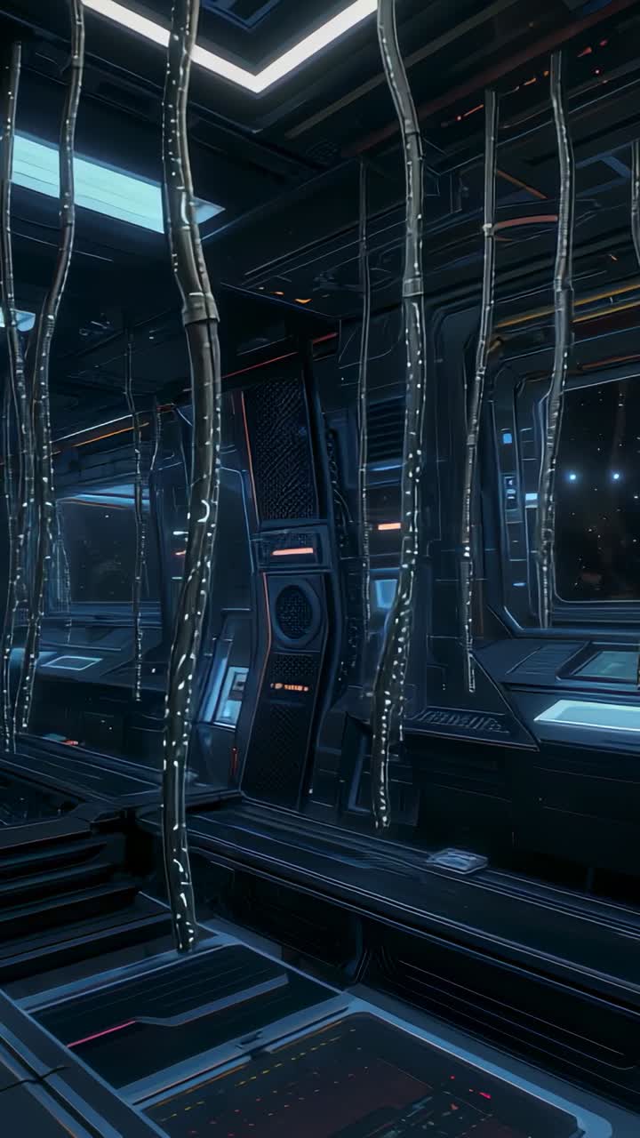 Vertical video: Panning camera revealing dimly lit spacecraft corridor, with glowing cables swaying
