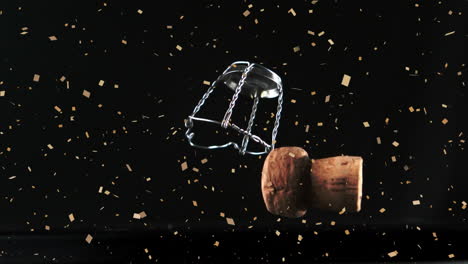 animation of silver confetti over champagne bottle cork falling against black background