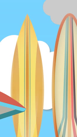 animación de paraguas y tablas de surf sobre el cielo con nubes en movimiento
