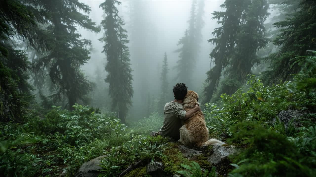 Et rolig øyeblikk i naturen: En person og deres golden retriever nyter stillheten i en tåkete skog, omgitt av frodig grønt og høye trær.