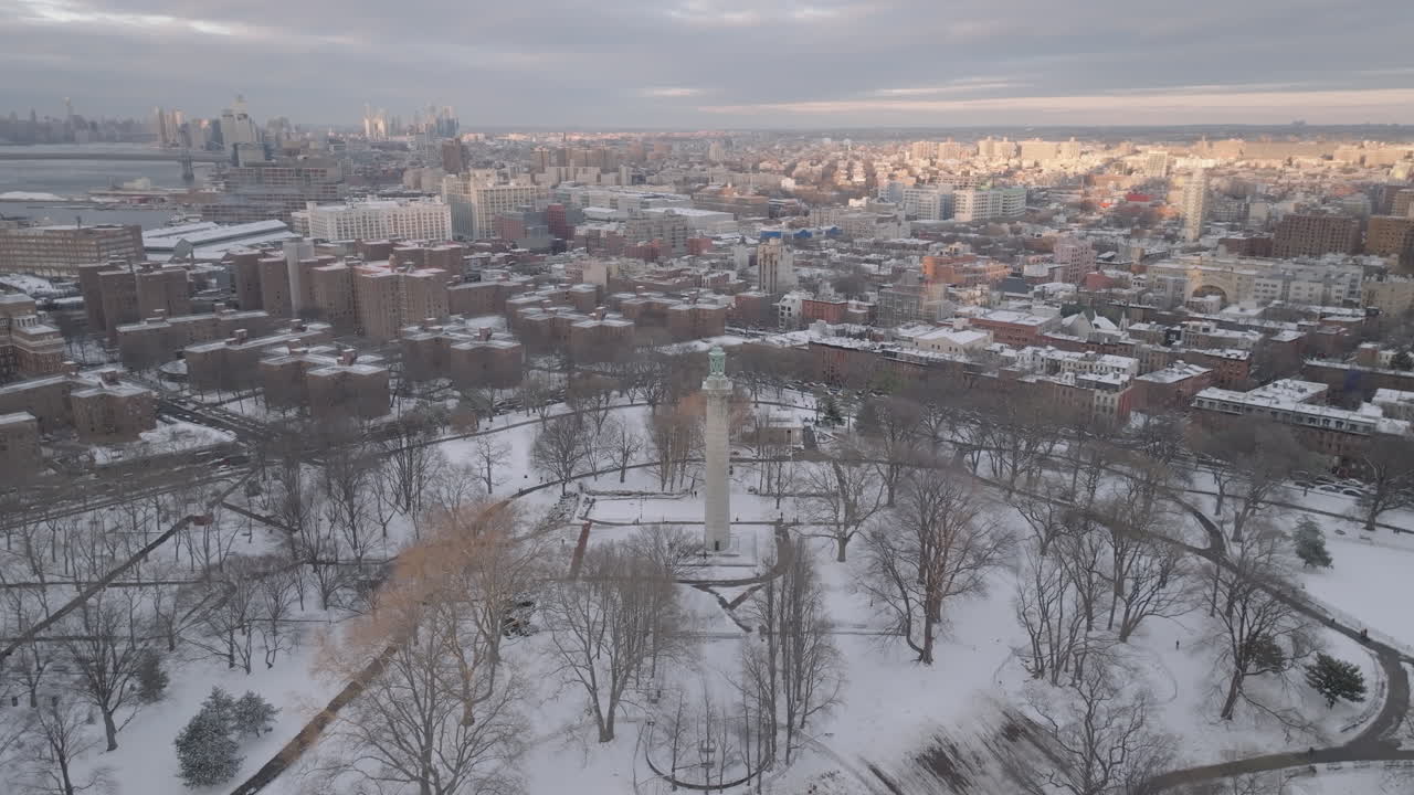 Aerial view of Fort Greene Park on a winter day. Shot in Brooklyn, New York