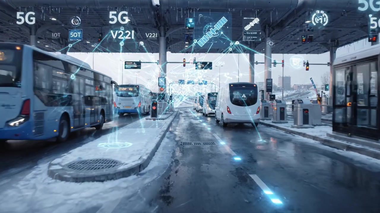 Incrocio stradale invernale che evidenzia soluzioni di trasporto intelligenti, con autobus e veicoli che transitano attraverso un'area di casello coperta di neve.