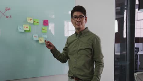 Un-Hombre-De-Negocios-Asiático-Elegantemente-Vestido-Quitando-Una-Nota-Adhesiva-De-Una-Pared-De-Vidrio-Mirando-A-La-Cámara-Sonriendo