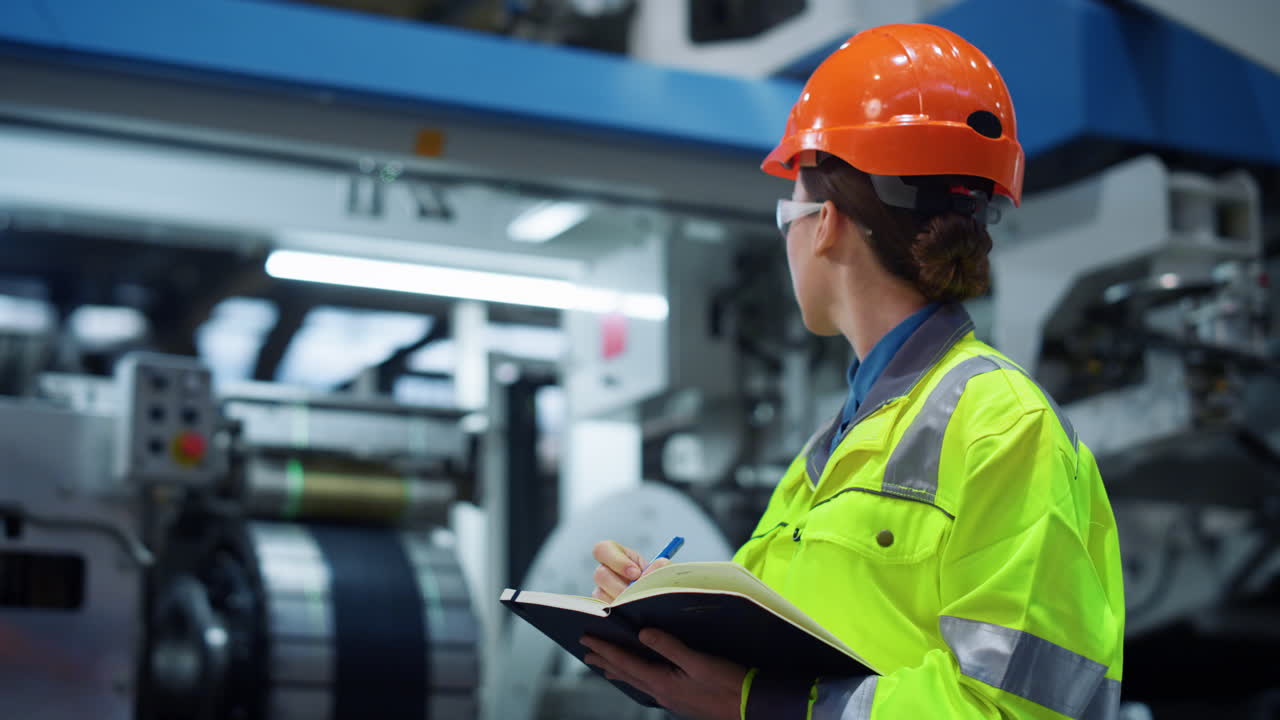 trabajador industrial escribiendo un bloc de notas de proyecto en el primer plano de una gran instalación de fabricación