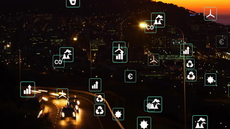 animación de iconos de ecología sobre coches en la calle