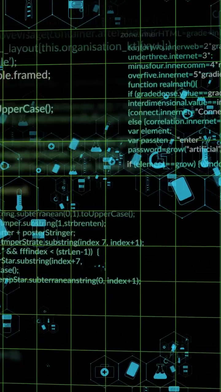 Animasjon av medisinske ikoner og databehandling på svart bakgrunn