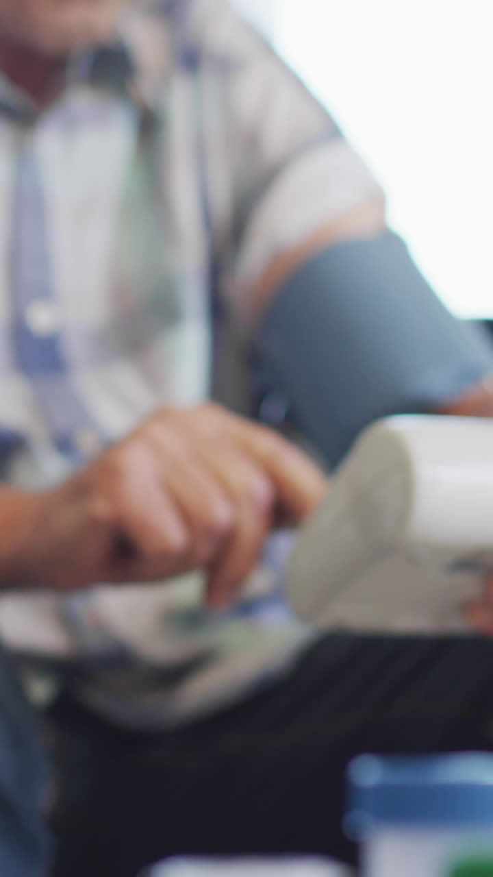 압력을 확인하는 백인 노인 중간 섹션의 비디오