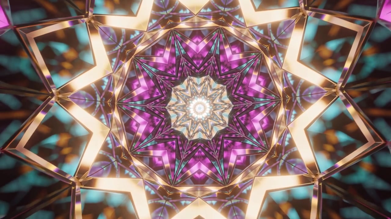 A partire dal fotogramma 1, un mandala a stella centrale che ruota e pulsa in un rendering CGI per un luccichio caleidoscopico