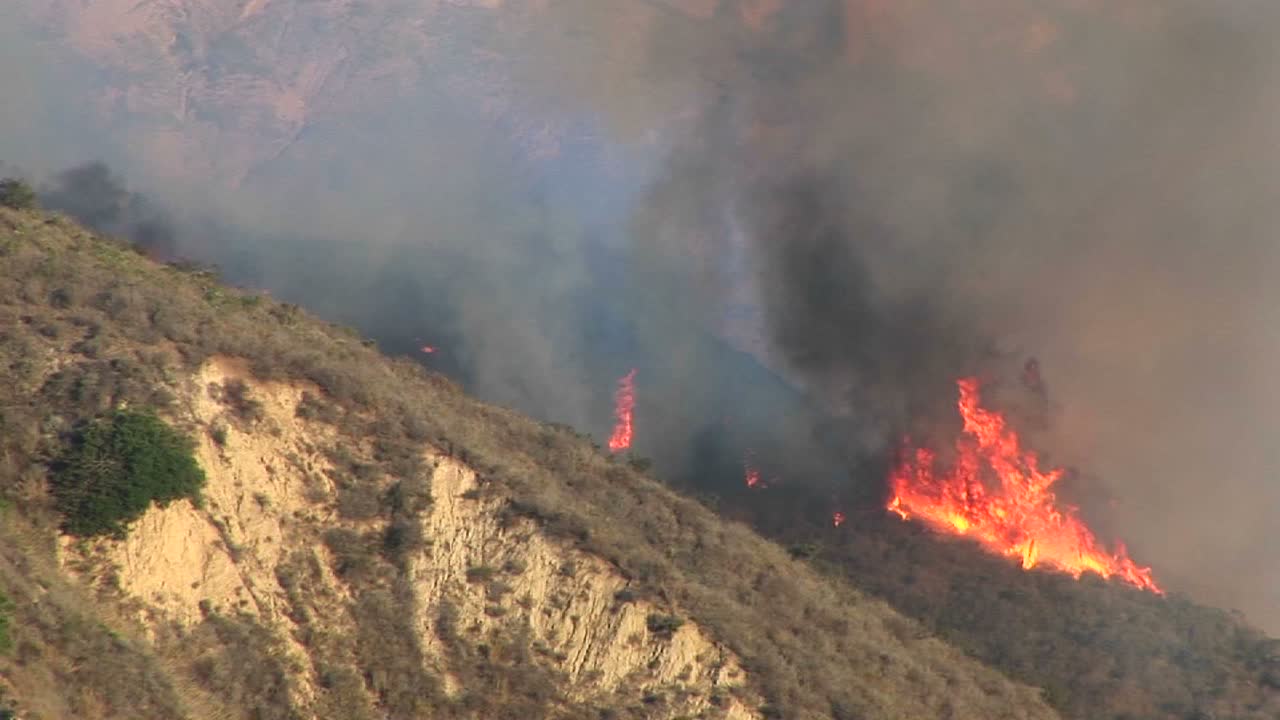 남부 캘리포니아의 연기가 자욱한 언덕에서 타는 산불로 축소