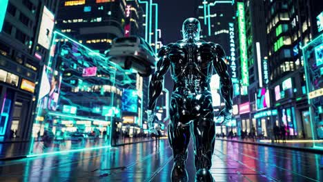 robot in a futuristic city at night